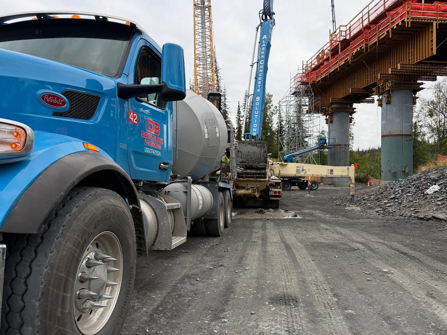 Davis Block Truck #42 boom pump pour on highway bridge overpass construction site